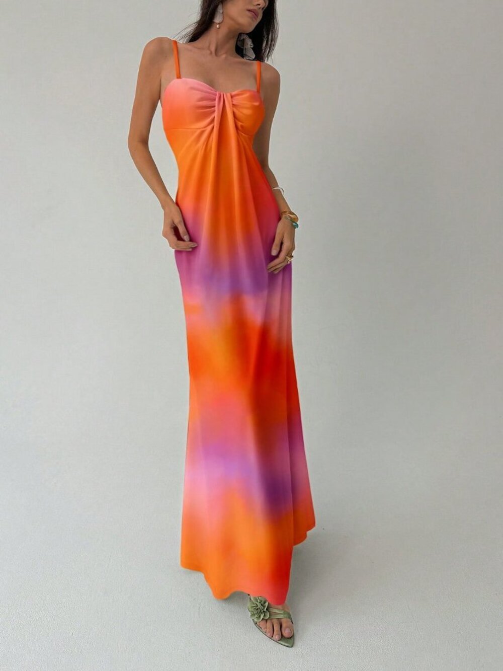 Orange Boho Women's Elegant Tie-Dye Print Slip Dress - Picture 6 of 9